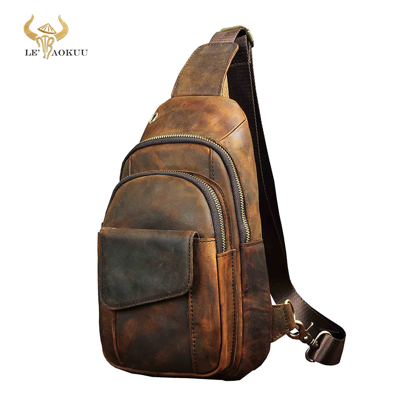 Men Vintage Crazy Horse Leather Sling Chest Pack Shoulder Backpack Satchel Bag 