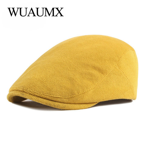 Wuaumx Spring Autumn Berets Hat Men knitting Visor Cap Casual Fashion Women Beret Solid Yellow Blue Peaked Flat Cap Duckbill Hat ► Photo 1/6