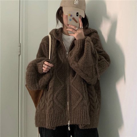 Women Autumn Winter Twist Zipper Hooded Sweater Coat Knitted Cardigan Jacket Oversized Long Lantern Sleeve Outwear ► Photo 1/6