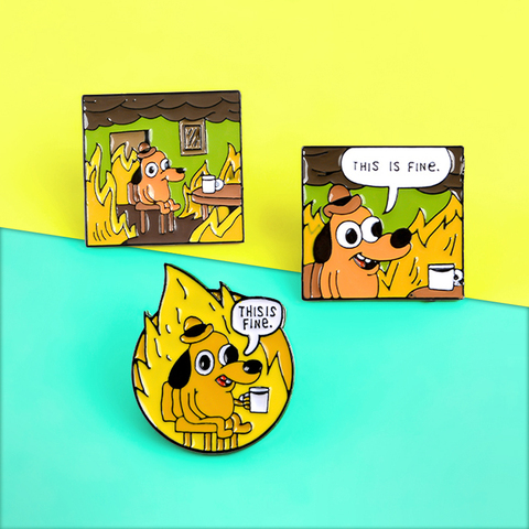 Cartoon Question Hound Dog Brooches Enamel pins THIS IS FINE ! Humor Meme Gunshow Webcomic Denim bags Lapel pin Comic jewelry ► Photo 1/6