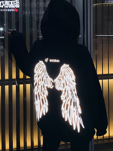 long sleeve reflective shirt Harajuku shirts women japan oversize black angel wing shirt women shiny tshirt with a hood hoodies ► Photo 1/6