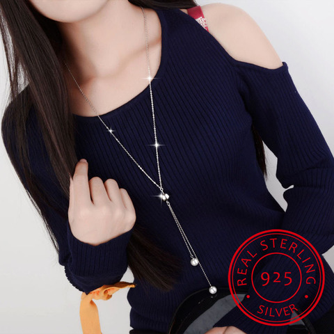 Simple Fashion 925 Sterling Silver Necklace Ball Beads Pearl Sweater Long Chain Necklaces For Women choker collares ► Photo 1/6
