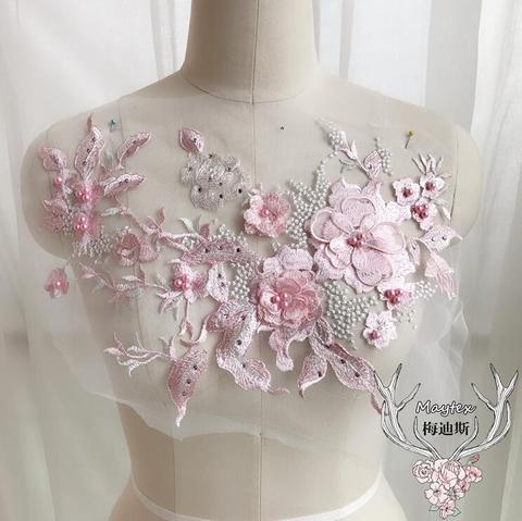 1 Piece 28*33cm 3D Bead Pink Florals Lace Applique Heavy Embroidered Motif Pearl Lace Patch ► Photo 1/3