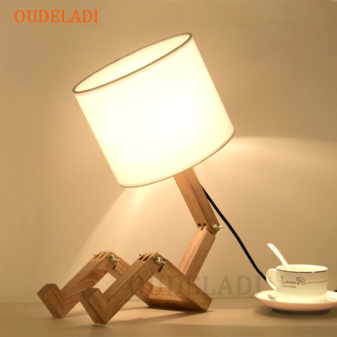 Robot Shape Wooden Table Lamp E14 Lamp Holder 110-240V Modern Cloth Art Wood Desk Table Lamp Parlor Indoor Study Night Light ► Photo 1/6