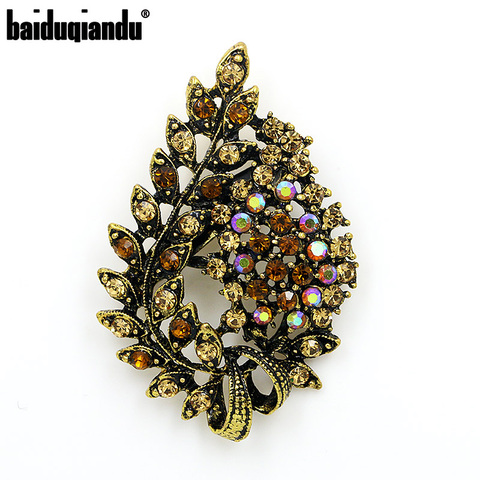 baiduqiandu Assorted Colors Red Coffee Blue and Purple Crystal Rhinestones Flower Leaf Brooch Pins in Antique Gold Color Plated ► Photo 1/6