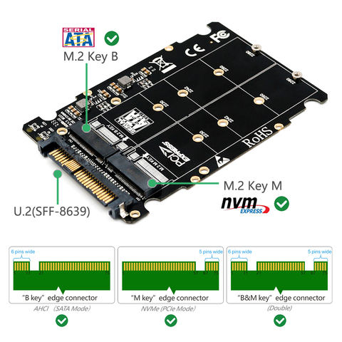 M.2 SSD to U.2 Adapter 2in1 M.2 NVMe and SATA-Bus NGFF SSD to PCI-e U.2 SFF-8639 Adapter PCIe M2 Converter for Desktop Computers ► Photo 1/6