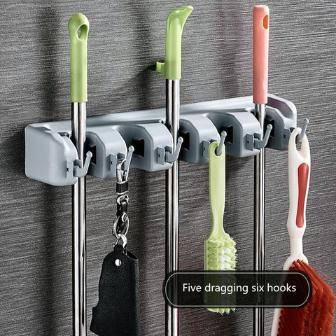 4/5/6 Hooks Storage Kitchen Bathroom Wall Mounted Mop Rack Brush Broom Holder Hangers Organizer Home Hooks Hanging Cleaning Tool ► Photo 1/6