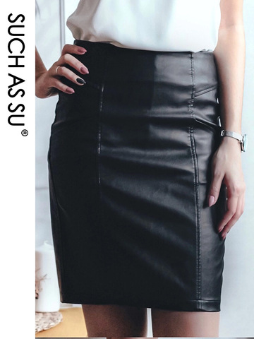 SUCH AS SU New Fashion 2022 Winter PU Leather Skirt Women Black High Waist Occupation Work Pencil Skirt S-5XL Size Autumn Skirt ► Photo 1/6