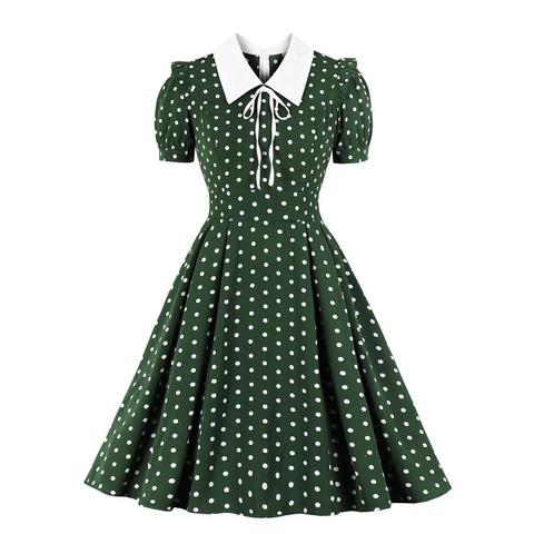 2022 Green Vintage Retro 50s 60s Women Dress Polka Dots Printed Short Sleeve Turn Down Collar Rockabilly A Line Party Jurken ► Photo 1/6