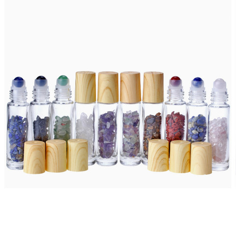 Natural Gemstone Jade Roller Bottle Plastic Wood Grain Lid Refillable Essential Oil Bottle 10ml 10pcs P230 ► Photo 1/6