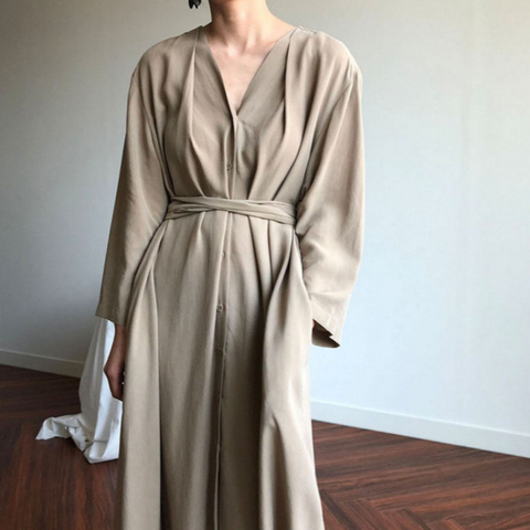 Oversized Women Vintage Spring Autumn Chiffon Long Shirt Dress Sexy V-neck Sashes Full Sleeve Maxi Dresses Brief Solid Color ► Photo 1/6