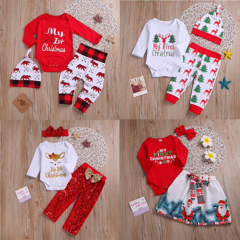 Christmas Baby Girl Clothes Newborn My First Christmas Romper Reindeer Sequin Pant Dress Headband Toddler Kids 3pcs Clothing Set ► Photo 1/6