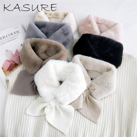 Kasure 2022 New Autumn Winter Faux Fur Collar Neck Warmer Scarves for Women Fashion Crochet Solid Color Knitted Heart Bow Scarf ► Photo 1/6