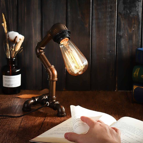 Vintage Industrial Water Pipe Table Lamp Light Steampunk Table Desk Lamp Lantern Fixture E27 Bulb Home Bedroom Decoration ► Photo 1/6