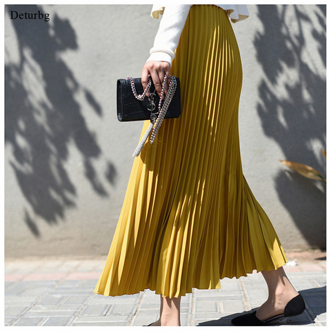 Womens Vintage Pleated Midi Long Skirt Female Korean Casual High