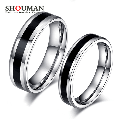 SHOUMAN Stainless Steel Black Line Simple Finger Couple Rings for Women Mens Wedding Band Cool Lover Jewelry ► Photo 1/5