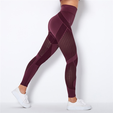 Rooftrellen 20%Spandex Hollow Mesh Leggings Women Seamless Knitted Leggings High Waist Stripe Pants Slim Push Up Fitness Leggins ► Photo 1/6