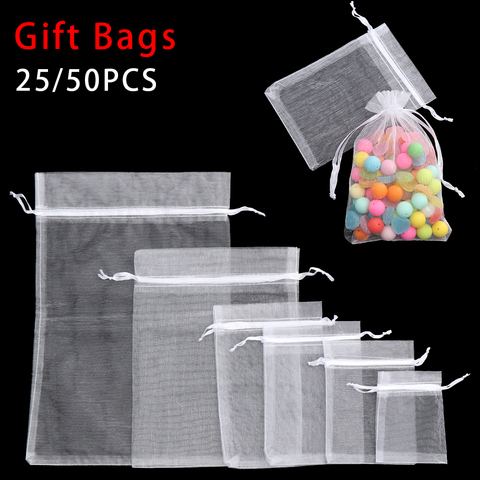 25/50PCS Drawable Party Supply Christmas Favor Jewelry Packing White Pouches Drawstring Pocket Organza Gauze Sachet Gift Bags ► Photo 1/6