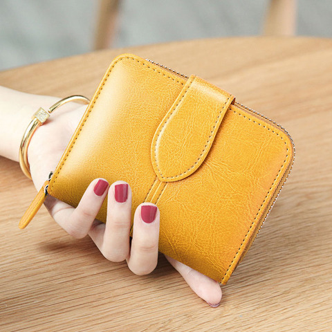 Yellow Genuine Leather Women Short Wallet Female Small Walet Fashion Lady Money Wallet Zip Coin Purse Card Holder Free Shipping ► Photo 1/6