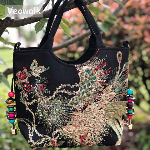 Veowalk Summer Women Shiny Peacock Embroidered Tote Bag Retro Ladies Casual Large Shopping Handbag with Shoulder Belt Chic Totes ► Photo 1/6