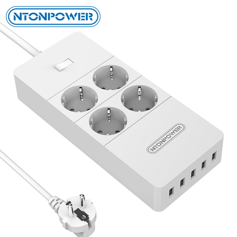 NTONPOWER HPC USB Electrical Socket EU Plug Extension Lead 4 AC Outlets Surge Protector with 5 USB Ports 2.4A Max Smart Charging ► Photo 1/6