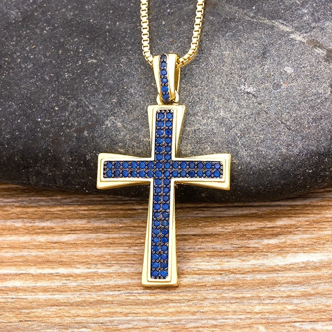 2022 New Design Cross Blue Crystal Pendant Gold Chain Necklace Copper Cubic Zircon Choker 4 Colors Choice Religion Jewelry Gifts ► Photo 1/6