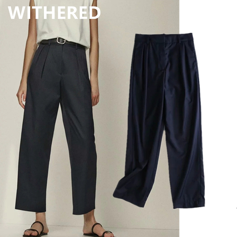 Withered england simple fashion navy pleated casual ankle suit pants women pantalones mujer pantalon femme trousers women sets ► Photo 1/6