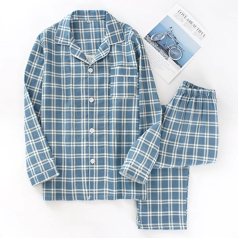 Spring and autumn mens pajamas long-sleeved trousers cotton double gauze lattice large size suit home service men's pajamas suit ► Photo 1/6