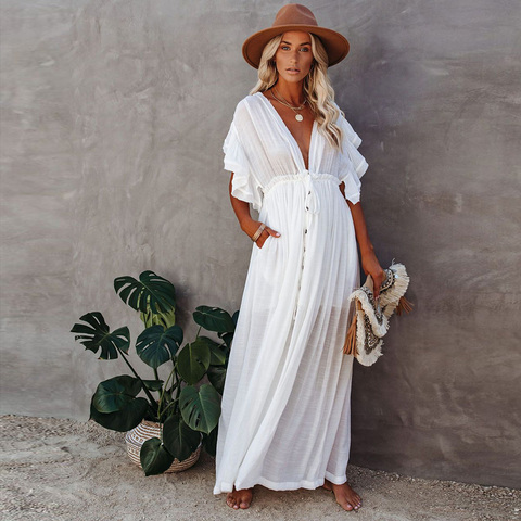 Sexy Bikini Cover-ups Long White Tunic Casual Summer Beach Dress Elegant Women Plus Size Beach Wear Swim Suit Cover Up ► Photo 1/1