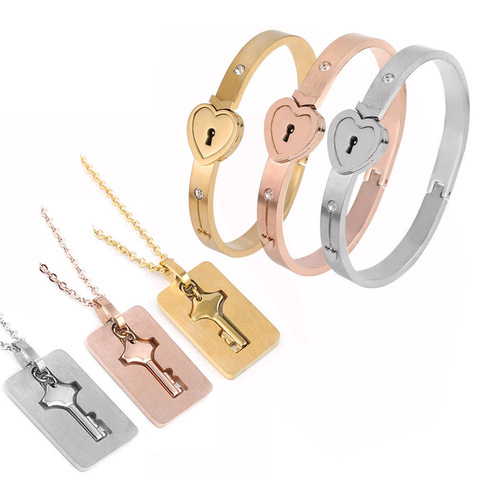 Couple Stainless Steel Love Heart Lock Bracelet with Key Pendant Necklace  Set