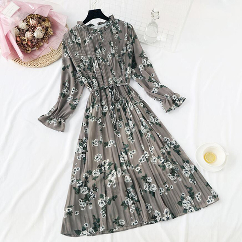 2022 Elegant Women Print Chiffon Dress Long sleeve Lotus leaf collar Pleated Dress Female Casual Midi Dresses vestidos mujer ► Photo 1/6