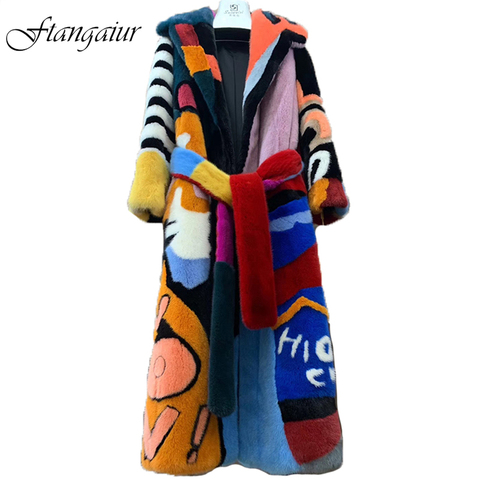 Ftangaiur 2022 Imported Velvet Mink Fur Coat Turn-Down Collar Patchwork Color Mink Coat Women's X-Long Loss Real Mink Fur Coats ► Photo 1/6