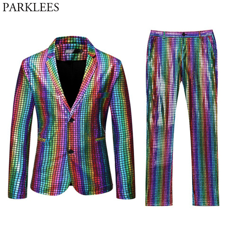 Mens Stage Prom Suits Gold Silver Rainbow Plaid Sequin Jacket Pants Men Dance Festival Christmas Halloween Party Costume Homme ► Photo 1/6