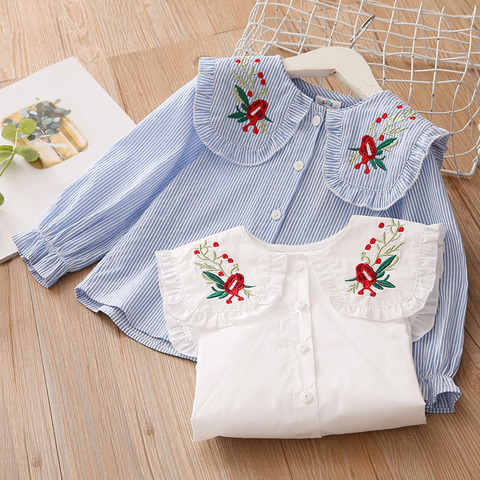 2022 New Spring Autumn 2 3 4 6 8 10 Years Cotton White Blue Striped Embroidery Flower Flare Sleeve Kids Baby Girls Blouse Shirt ► Photo 1/6