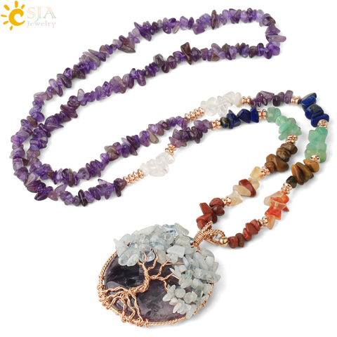 CSJA Natural Chips Stone Reiki Chakra Long Necklaces Tree of Life Wire Wrap Pendants for Women Men 2022 New Fashion Jewelry G378 ► Photo 1/6