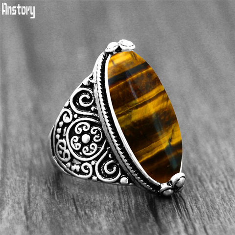 Irregular Natural Tiger Eye Rings Flower Band Stone Ring For Women Antique Silver Plated Fashion Jewelry TR665 ► Photo 1/6