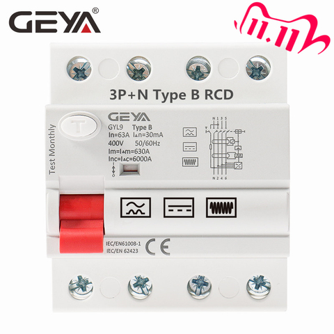 Free Shipping GEYA Din Rail B Type Earth Leakage Current breaker DC RCCB RCD 4P 40A 63A 30mA 300mA Type B RCD ► Photo 1/6