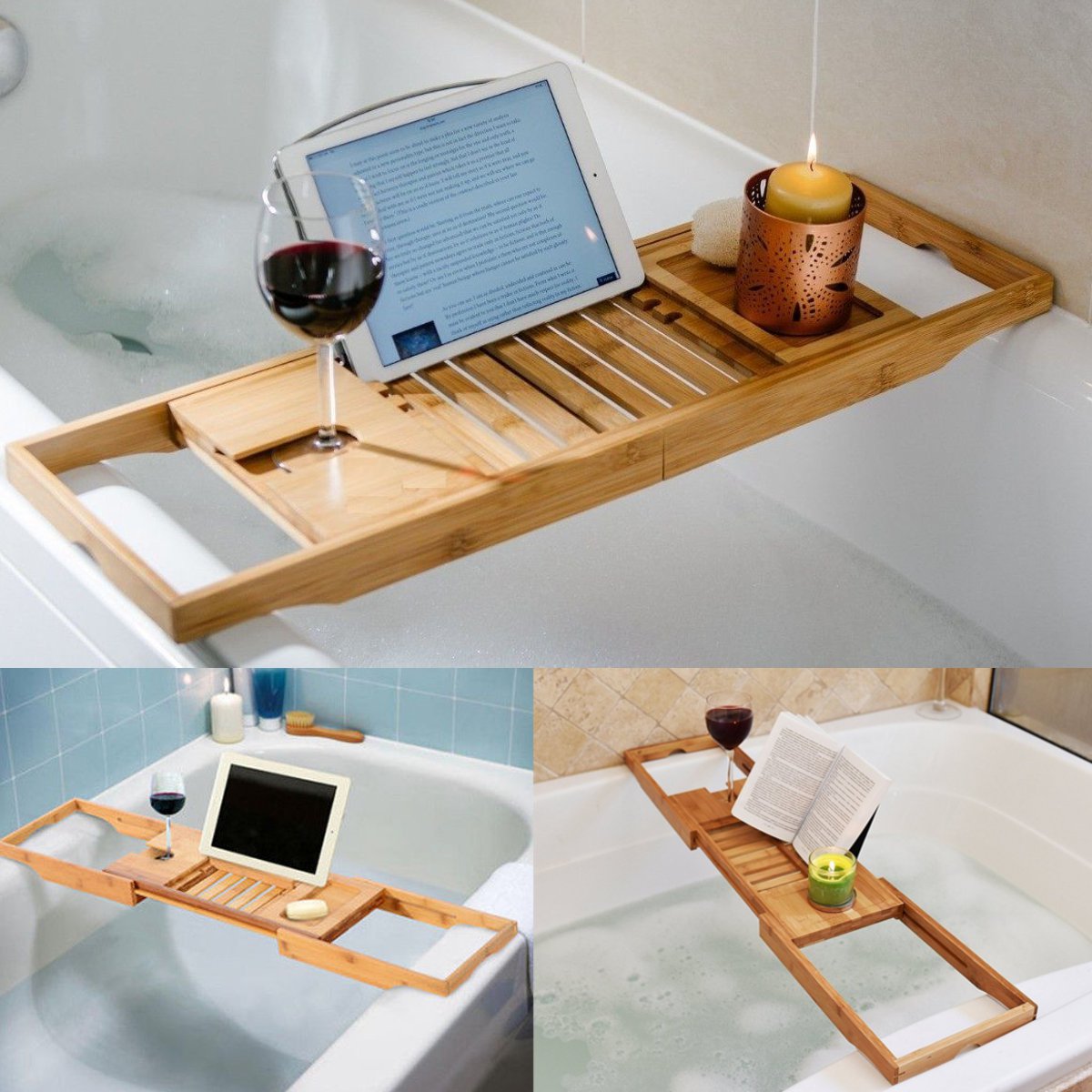 Meatal Bathtub Rack Tray and Caddy Bathroom Wine Glass Racks with Reading Holder 