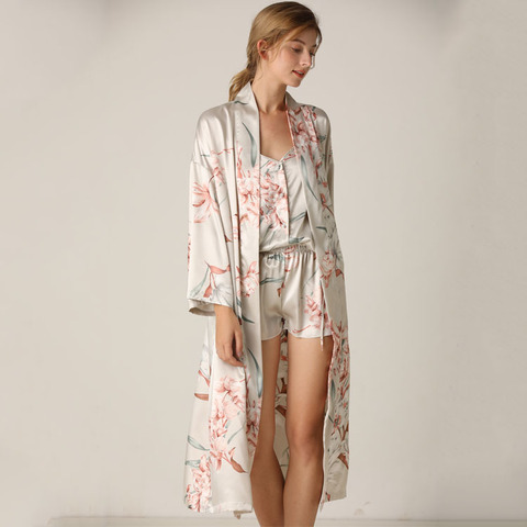 Satin Print Flower 3PCS Sleepwear Sexy Kimono Gown Women Nighty&Robe Suit Bathrobe Intimate Lingerie Silky Nightwear Nightgown ► Photo 1/6