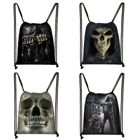 Gothic Punk Death Skull Drawstring Bag Men Travel Bag Grim Reaper Backpack Boys Bookbag Canvas Storage Bags Shoes Holder ► Photo 1/6