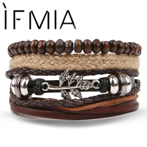 IFMIA Vintage Multilayer Adjustable Leaf Leather Bracelets For Men Trendy Wood Beads Rope Braided Bracelet Wrap Jewelry 2022 New ► Photo 1/6