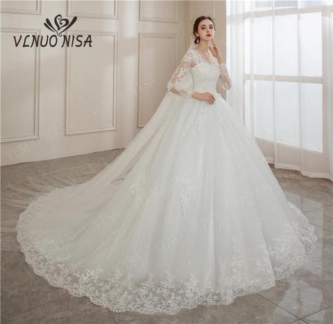 Vestido De Noiva 2022 V-neck Bridal Ball Gowns Long Sleeve Wedding Dresses Lace Appliques brides Lace Big Train plus size 2-26w ► Photo 1/6