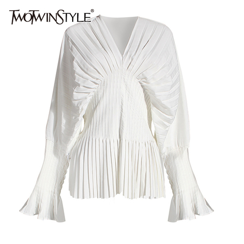 TWOTWINSTYLE Causal Blouses For Female V Neck Flare Long Sleeve High Wiast Pleated Women Shirts Clothes Fashion 2022 Summer Tide ► Photo 1/6