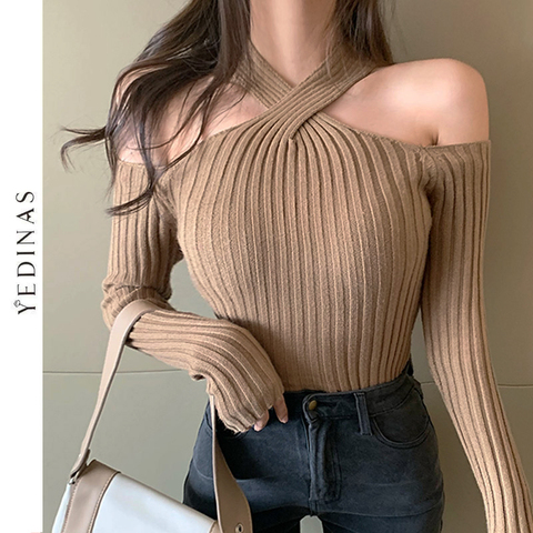 Yedinas Sexy Knitted Sweater Famale Short Women Jumper Off Shoulder Tops Harajuku Sweaters 2022 Korean Ladies Women'S Pullovers ► Photo 1/6