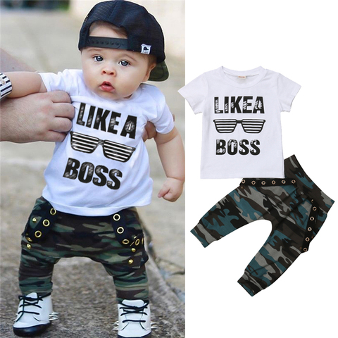 Newborn Baby Boys Clothes Toddler Kids Short Sleeve Letter T-shirt Camo Pants 2Pcs Outfits Set Baby's Clothing ► Photo 1/6