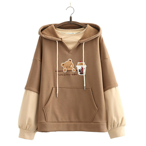 Fleece Harajuku Cartoon Bear Embroidery Casual Hoodies Sweatshirt Women 2022 Winter Long Sleeve Patchwork Korean Style Pullover ► Photo 1/6