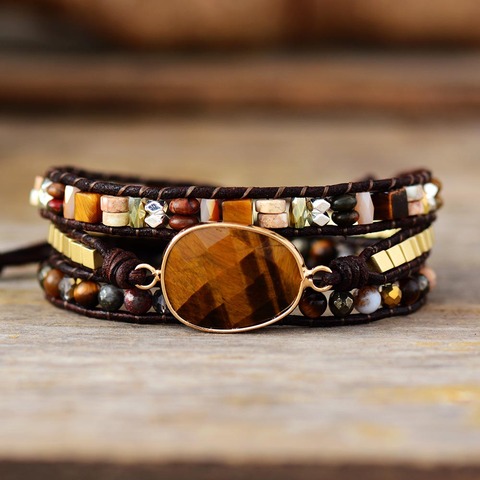 Men Women Brown Leather Wrap Bracelet W/ Tiger Eye Mixed Stones Beaded 3 Strands Bracelet Lovers Jewelry Wholesale Dropship ► Photo 1/5