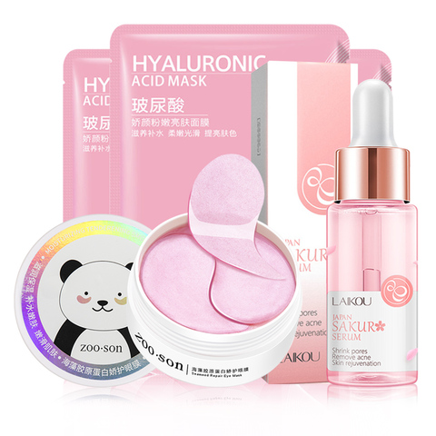 Face Skin Care Set Cherry Blossom Essence Moisturizing Collagen Eye Patches & Face Serum & Facial Mask Beauty Makeup Set ► Photo 1/6