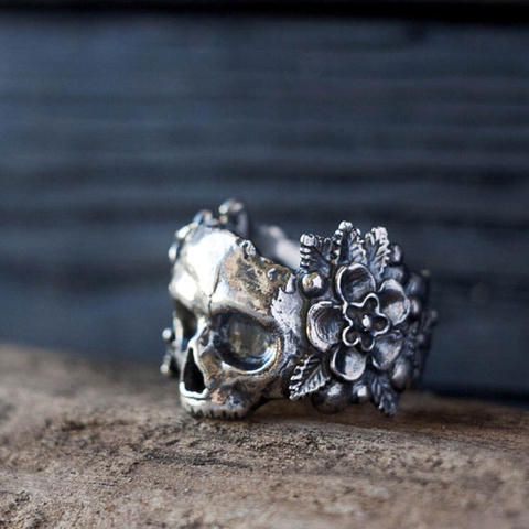 Flower Sugar Skull Rings Goth Flowers Stainless Steel Ring Women's Punk Fashion Jewelry ► Photo 1/3