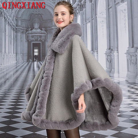 2022 Big Pendulum Pashmina Knitted Shawl Women Big Faux Rabbit Fur Trim Collar Bottom Fake Cashmere Loose Poncho Cape Sweater ► Photo 1/6